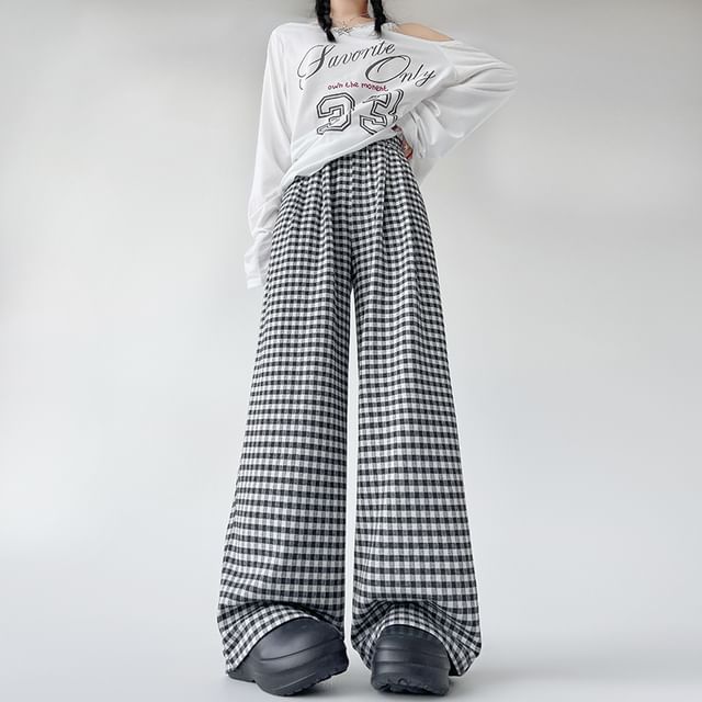 Waist Leg Designs) Wide (Various Pants Elastic Plaid