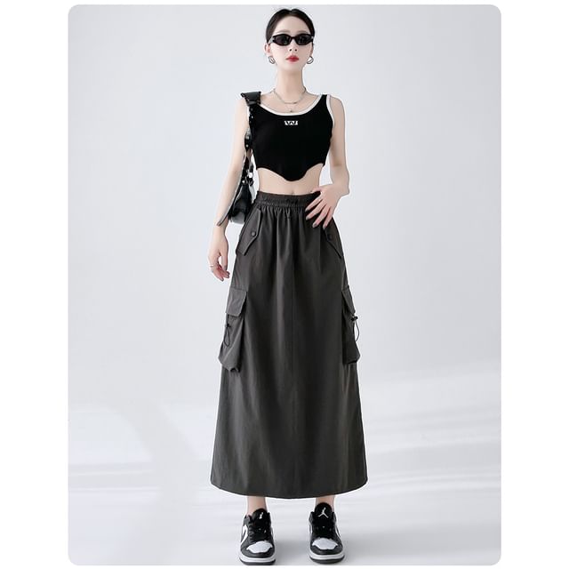 Plain Cargo Waist Drawstring Midi Skirt A-Line Slit