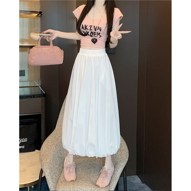 Skirt Plain A-Line High Waist Bubble Midi Hem