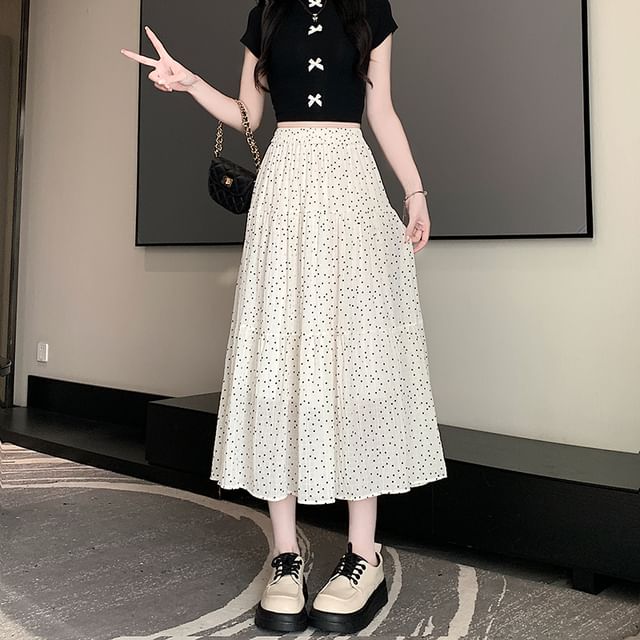 Waist Skirt Elastic Tiered Midi A-Line Dotted