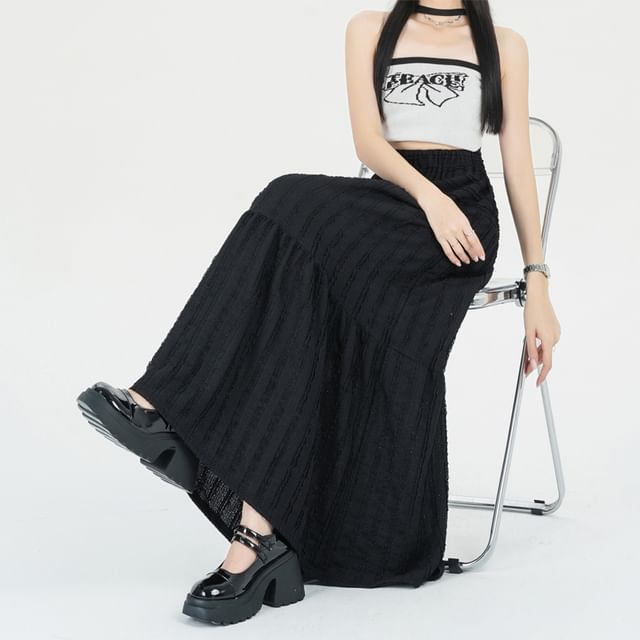 Elastic A-Line Tiered Waist Plain Midi Skirt