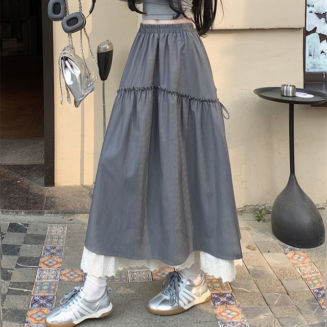 Plain Maxi Rise Skirt High Lace A-Line Trim