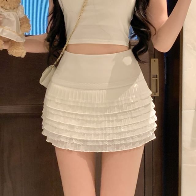 Pencil Trim High Rise Mini Plain Lace Skirt