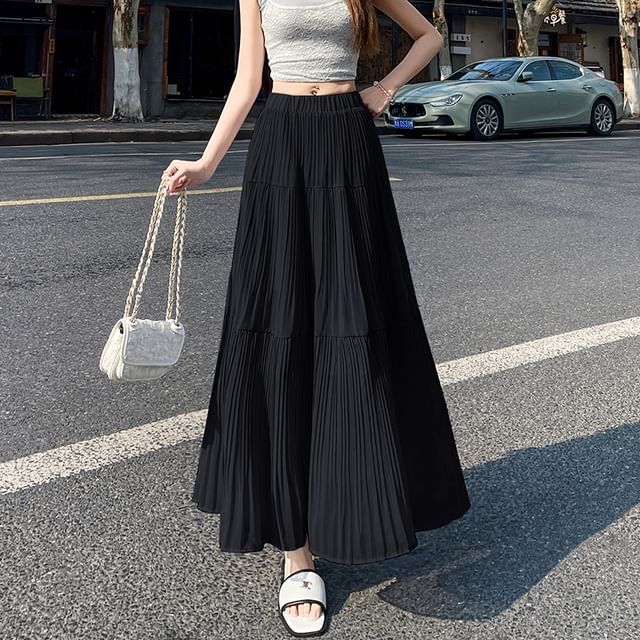Skirt Pleated A-Line Maxi Accordion Plain High Waist
