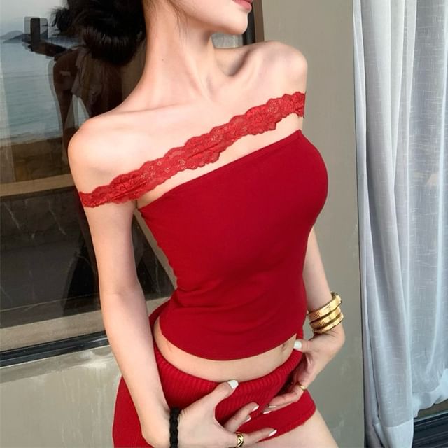 Plain Crop Padded Slim Halter Lace Fit Top Panel