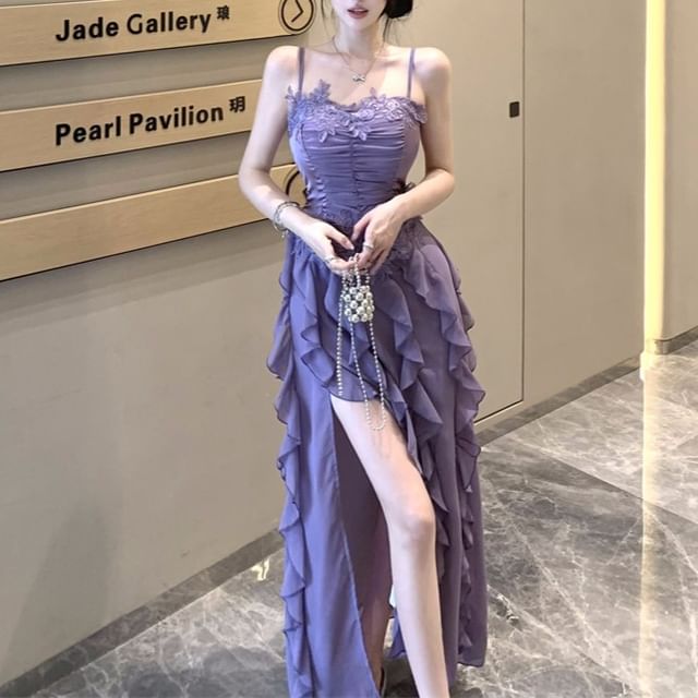 Ruffle Slit Ruched Panel A-Line Lace Dress Maxi Strap Plain Spaghetti