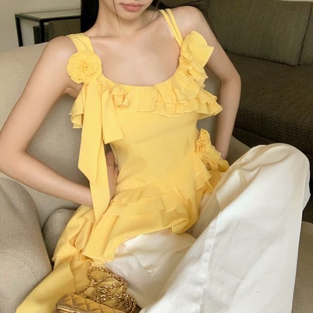 Top Floral Asymmetrical Detail Cami Plain Ruffle