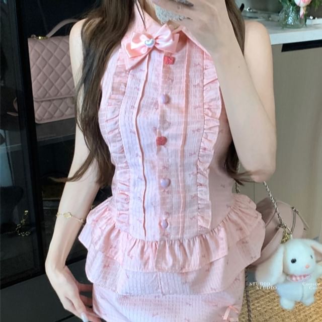 Collared Sleeveless Brooch Ruffle Blouse Mini Waist / Pencil Print Skirt Bow Set High