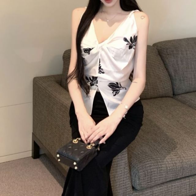 Top Rise Cami Pencil Skirt Maxi High Plain Floral Print V-Neck / Slit