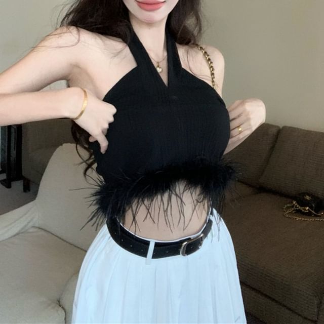 Feather Maxi Halter A-Line Waist High / Skirt Crop Pleated Trim Plain Top