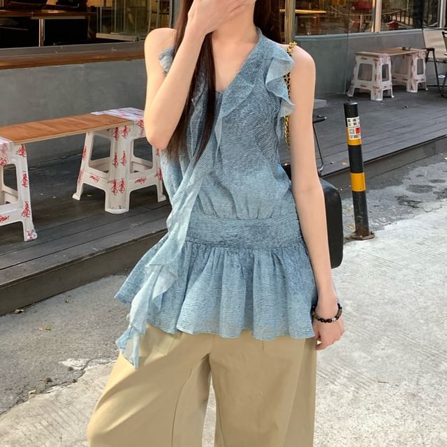 Plain Leg Ruffle Patterned Wide / Pants Halter Print Cargo Waist High Top