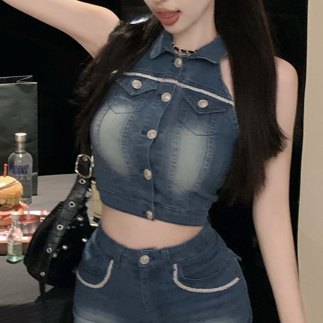 Collared Skirt Mini Button Crop High / Vest Pencil Washed Waist Denim