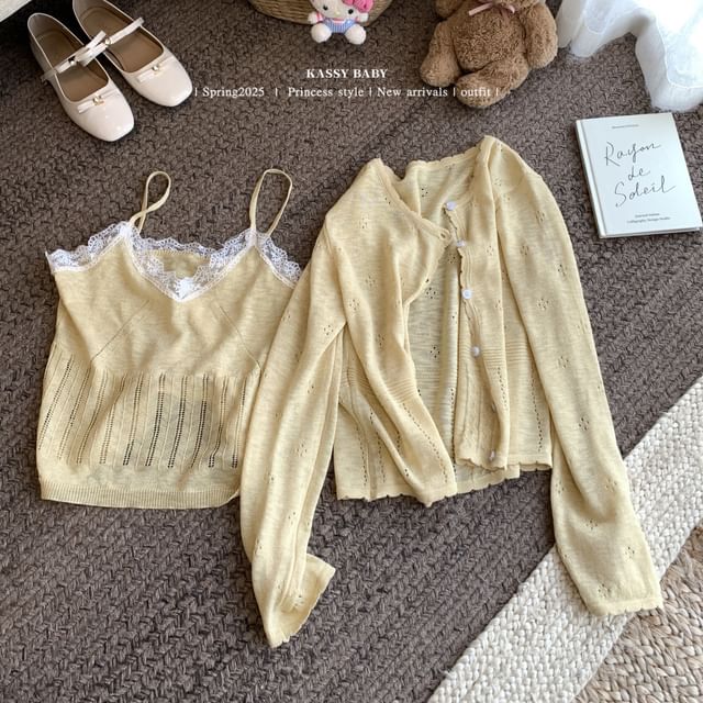 Plain V-Neck Lace Neck Camisole Top Cardigan Knit + Round Trim Set: