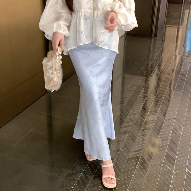 Fishtail / Plain Floral Print Jacquard Sleeve Skirt Peplum Maxi Set Camisole Long Waist Collar Blouse Stand High