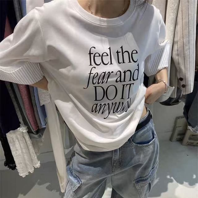 Panel Striped Short Lettering Print T-Shirt Sleeve Round Neck