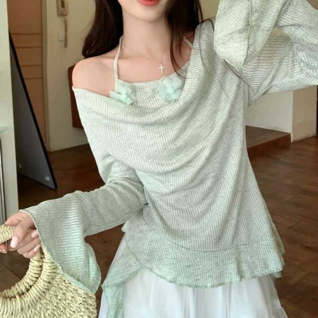 High Mock Maxi Rise Skirt A-Line Two-Piece Top Long-Sleeve Plain /