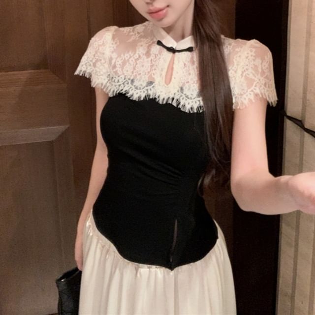 Short-Sleeve Top / Skirt Two High Tone Maxi A-Line Asymmetrical Waist