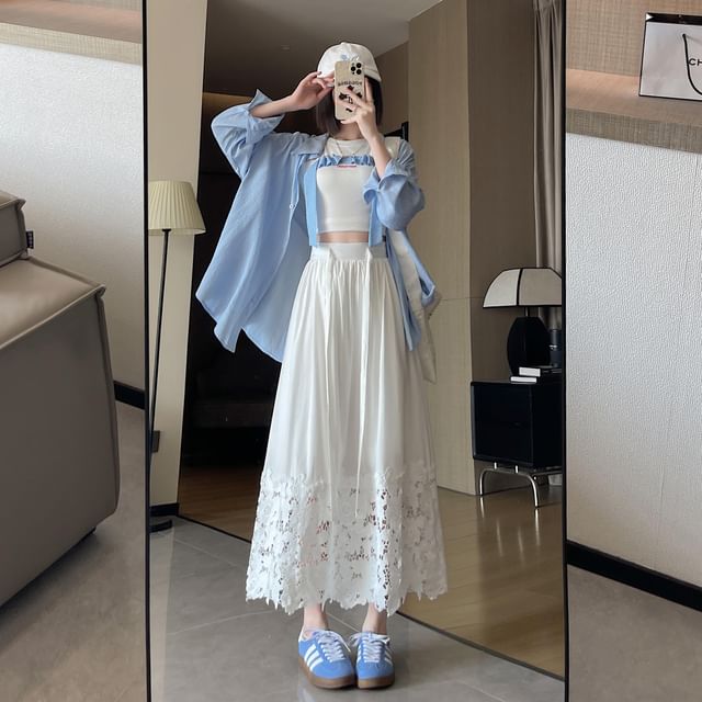 A-Line Panel Waist Lace Plain Midi High Skirt