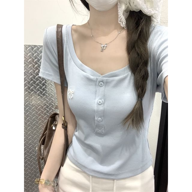 Bow Scoop Fit Slim T-Shirt Short-Sleeve Crop Embroidered Neck