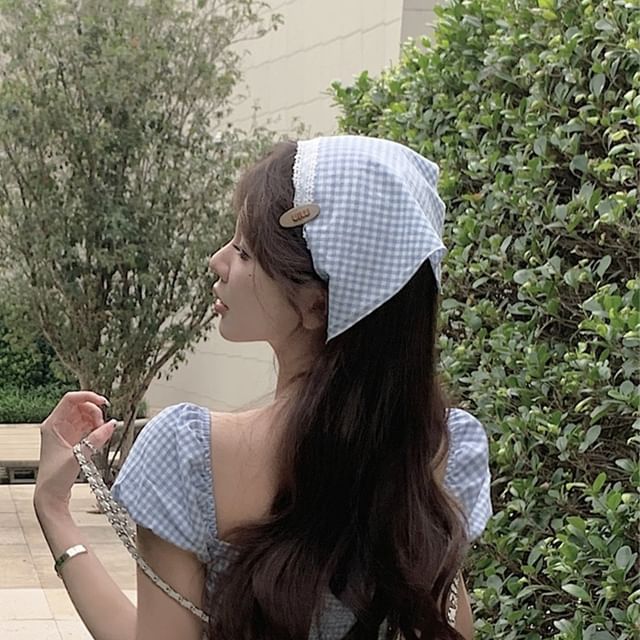 / Puff-Sleeve Mini A-Line Bow Dress Gingham Kerchief