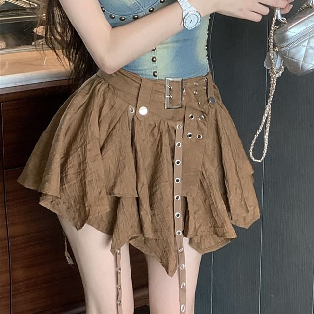 Mini Studded Top Washed Skirt Rise Plain Cami / Denim Asymmetrical A-Line High