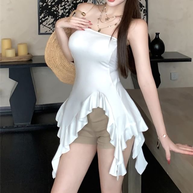 Asymmetrical Plain Strapless Ruffle Top