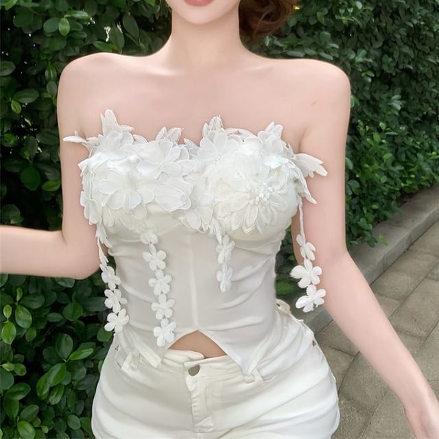 Front-Slit Plain Tube Detail Flower Top