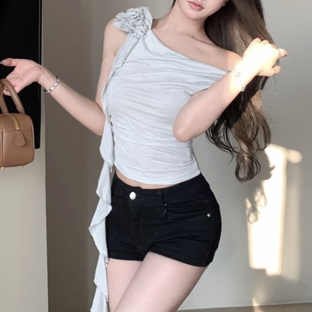 Crop Top Plain Floral One-Shoulder Shirred