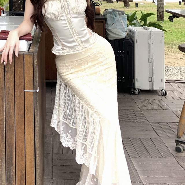 Fishtail Rise Top Skirt Camisole Satin / Maxi High Drawstring Lace Trim