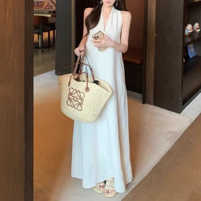 Plain Midi A-Line Dress Belt Halter-Neck Faux Leather /