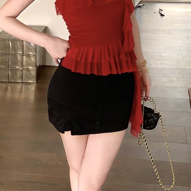 Cami Mini High Asymmetrical Floral Skirt / Pencil Waist Ruffled Top