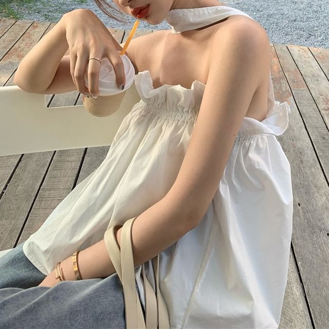 Keyhole Plain Balloon Top Ruffled Open Camisole Back