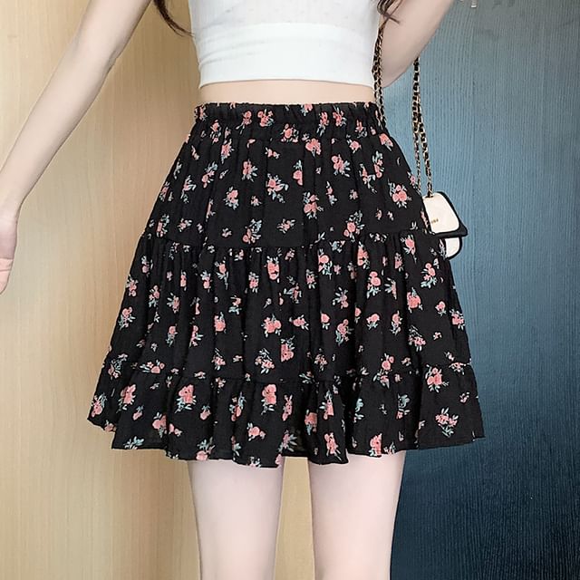 A-Line Elastic Waist Mini Floral Tiered Skirt