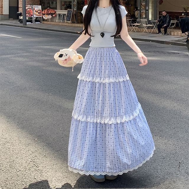 Tiered Plaid Trim Waist Maxi Dotted Elastic Skirt A-Line Lace