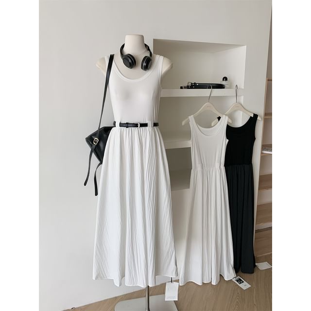 Sleeveless Dress Scoop Plain Midi Neck A-Line