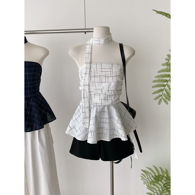 Top Plaid Tube Scarf Set: Skinny Peplum +