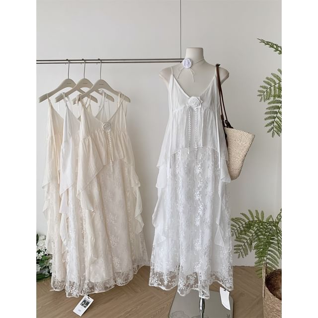 Strap V-Neck Spaghetti Maxi Dress A-Line Lace