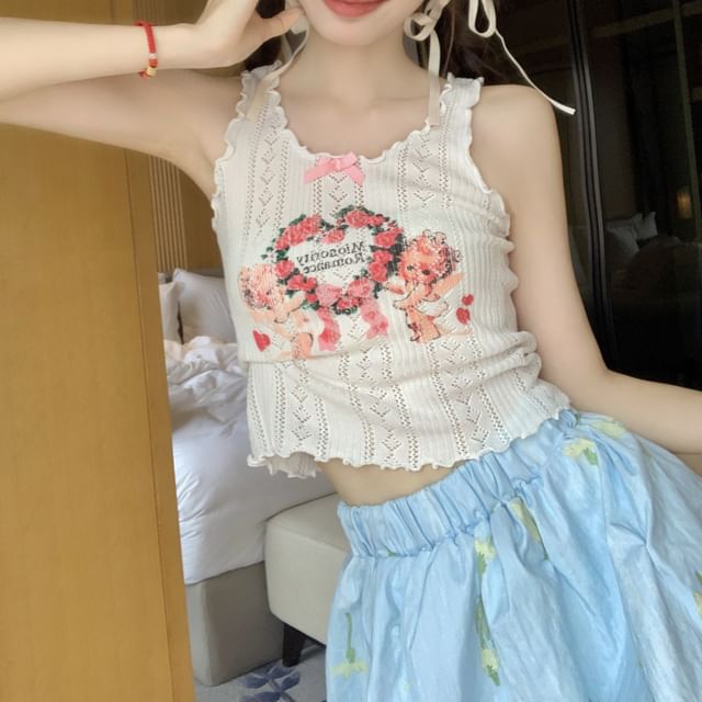 Tank Print Top Crop Lace Floral