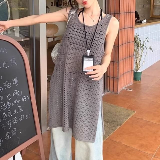 Sleeveless Hem Knit Slit Plain Top