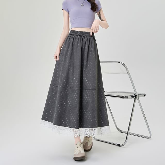 Midi Waist Dotted Panel Lace High Skirt A-Line