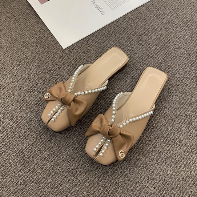 Pearl Toe Mules Faux Square Bow