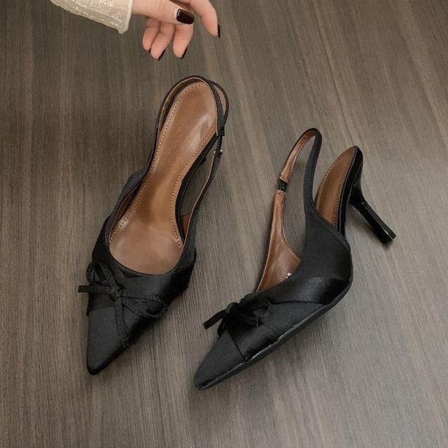 Slingback Satin Bow Toe Pumps Pointed