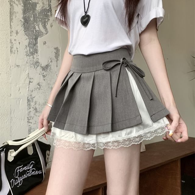 High Bow Skirt Mini Lace Waist Pleated A-Line Panel