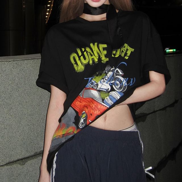 / Mini Neck Round Bodycon Short-Sleeve Tee Spaghetti Dress Print Strap Graphic