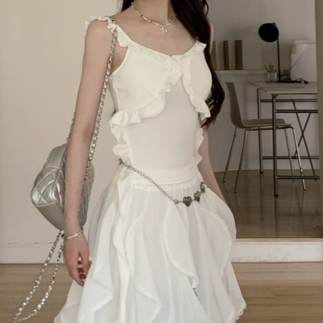 A-Line / Trim Ruffle Fit Midi Skirt Elastic Tank Top Slim Asymmetrical Plain Waist