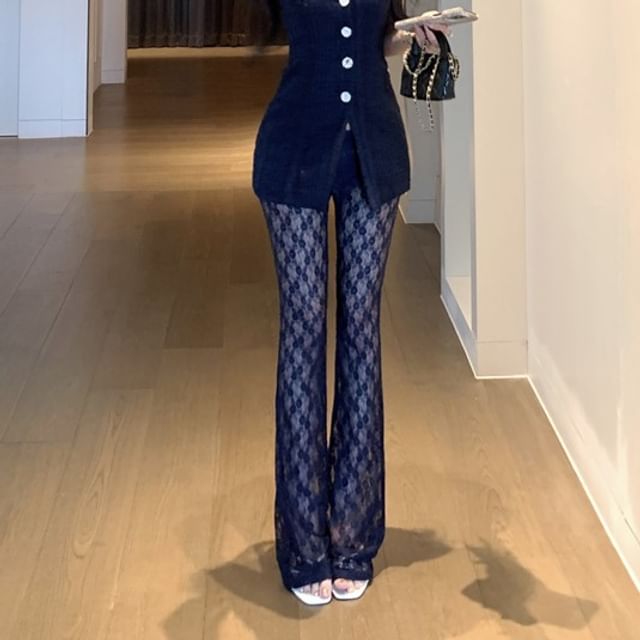 Lace / Pants Slim Floral Camisole Bootcut Plain Button Fit Top