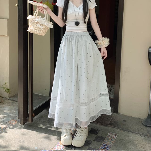 Elastic A-Line Waist Skirt Panel Midi Lace Floral