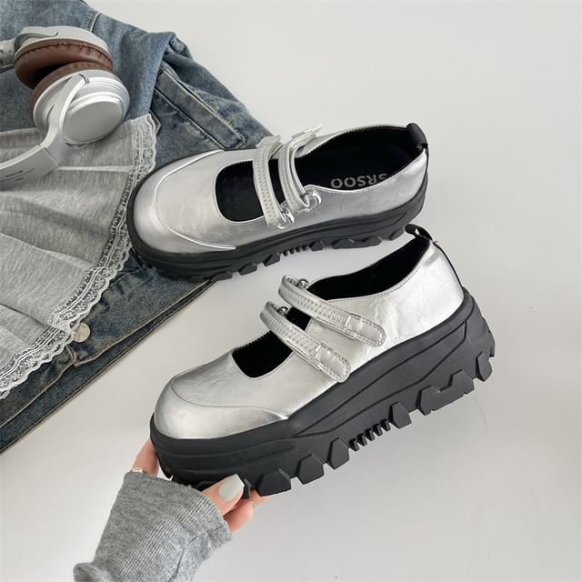 Platform Mary Leather Shoes Faux Jane Strap Adhesive