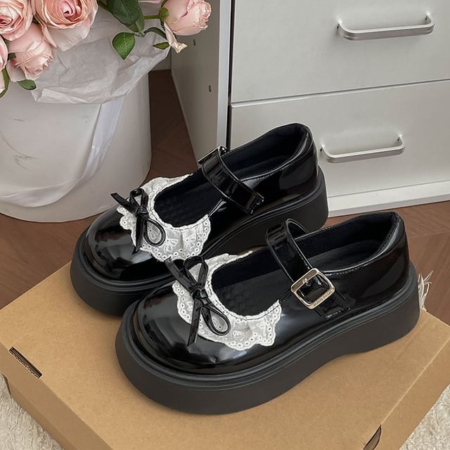 Shoes Patent Lace Platform Jane Leather Bow Mary Trim