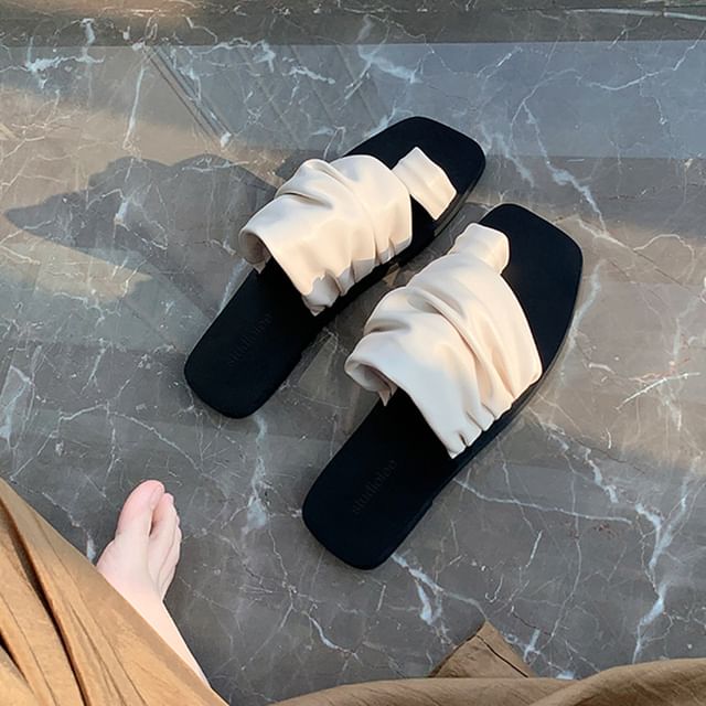 Ruched Loop Faux Leather Square Slide Toe Sandals